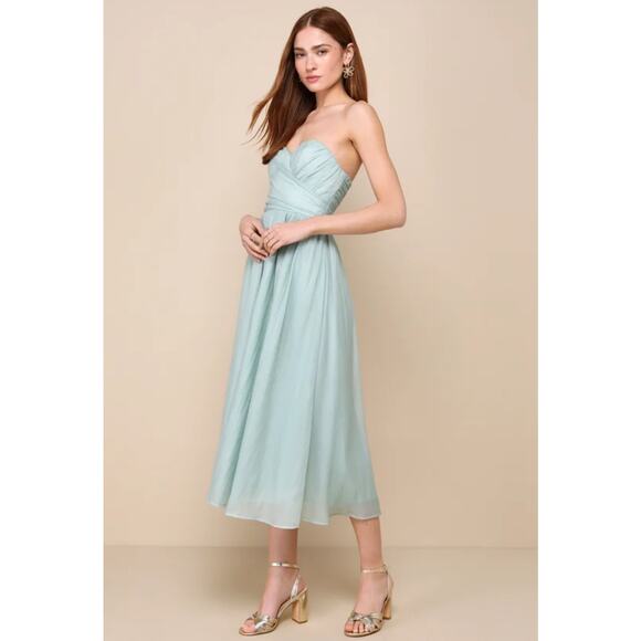 Lulu’s NWT Fairytale Design Sage Green Organza Strapless A-Line Midi Dress L - Picture 2 of 7